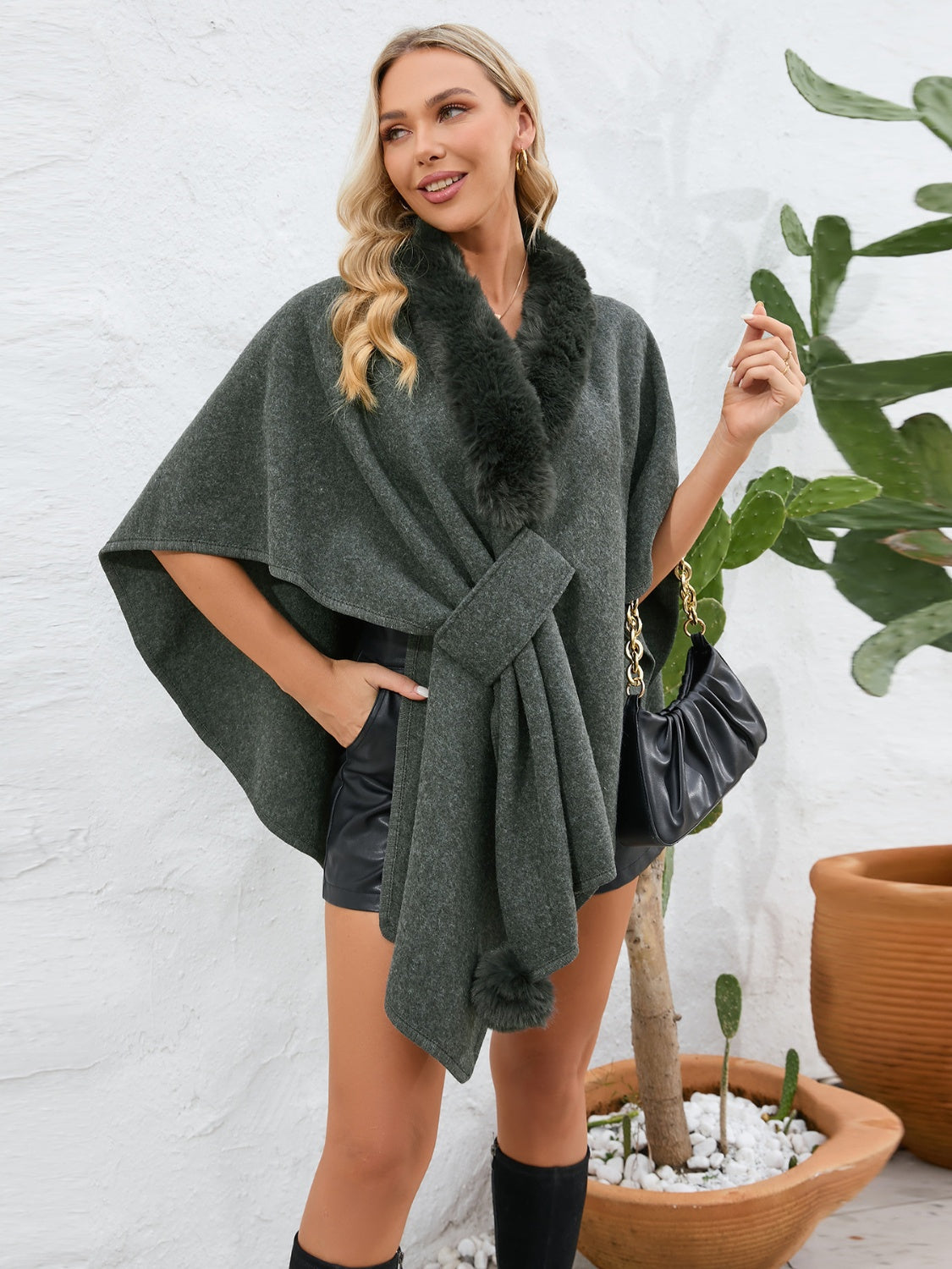 Fuzzy Trim Open Front Poncho - Black / One Size