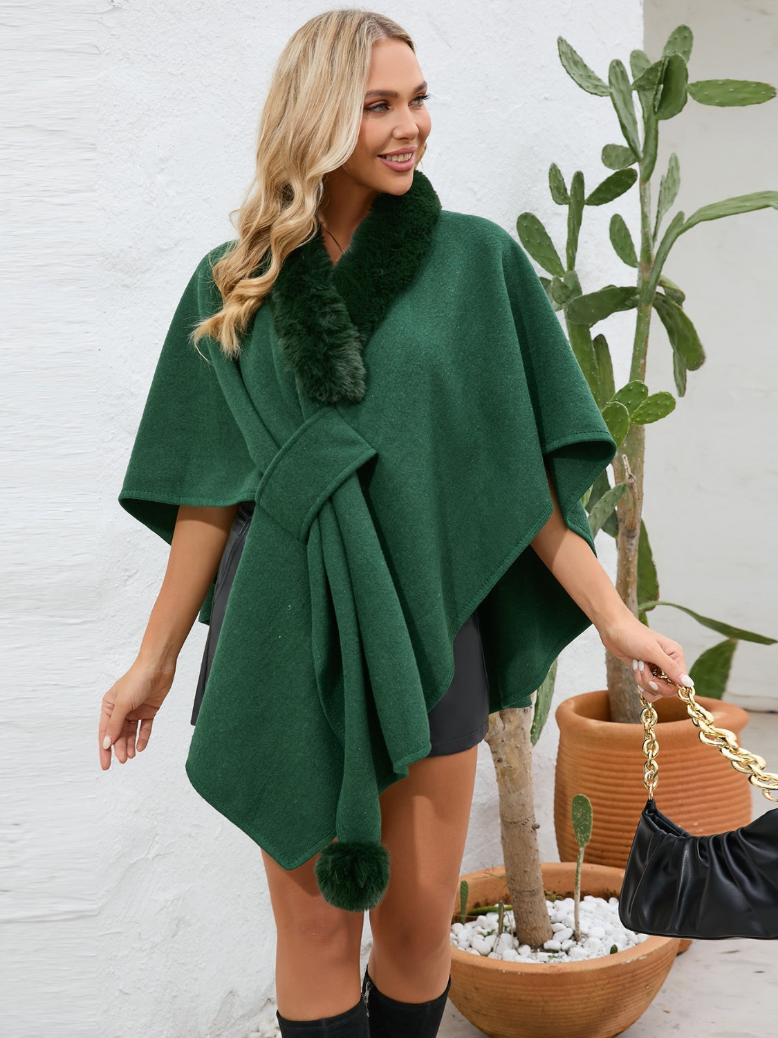 Fuzzy Trim Open Front Poncho - Dark Green / One Size