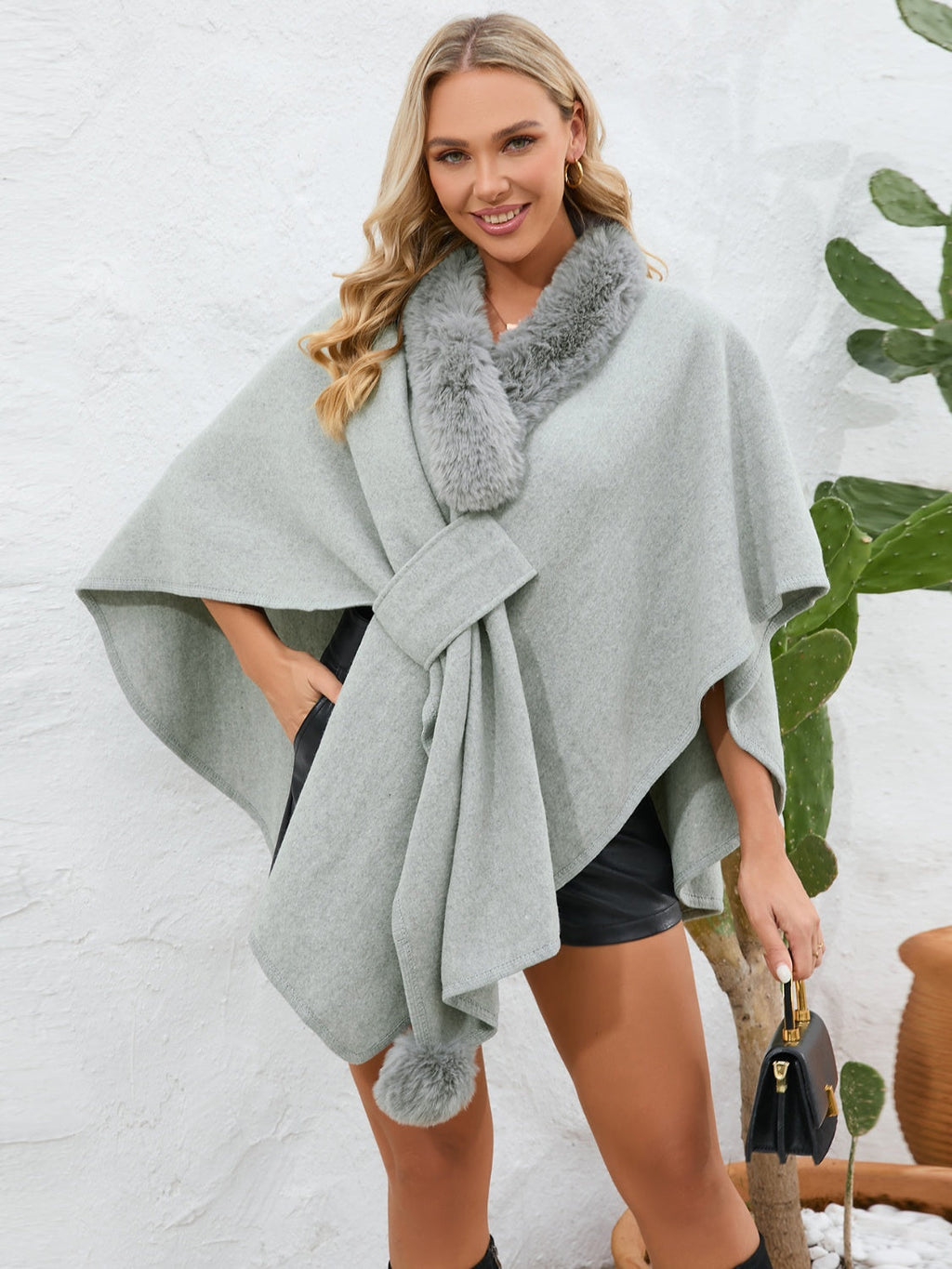Fuzzy Trim Open Front Poncho - Gray / One Size