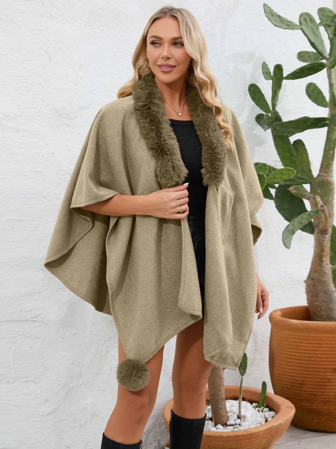 Fuzzy Trim Open Front Poncho - Mocha / One Size