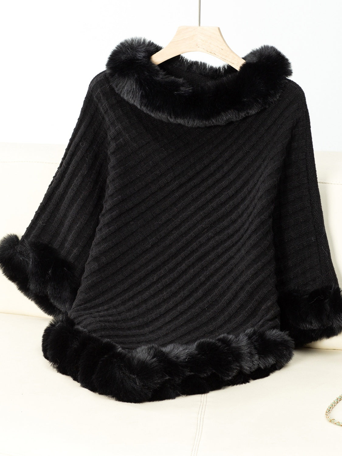 Fuzzy Trim Texture Three-Quarter Sleeve Poncho - Black / One Size