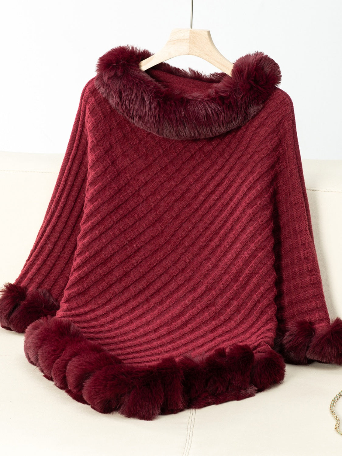 Fuzzy Trim Texture Three-Quarter Sleeve Poncho - Burgundy / One Size