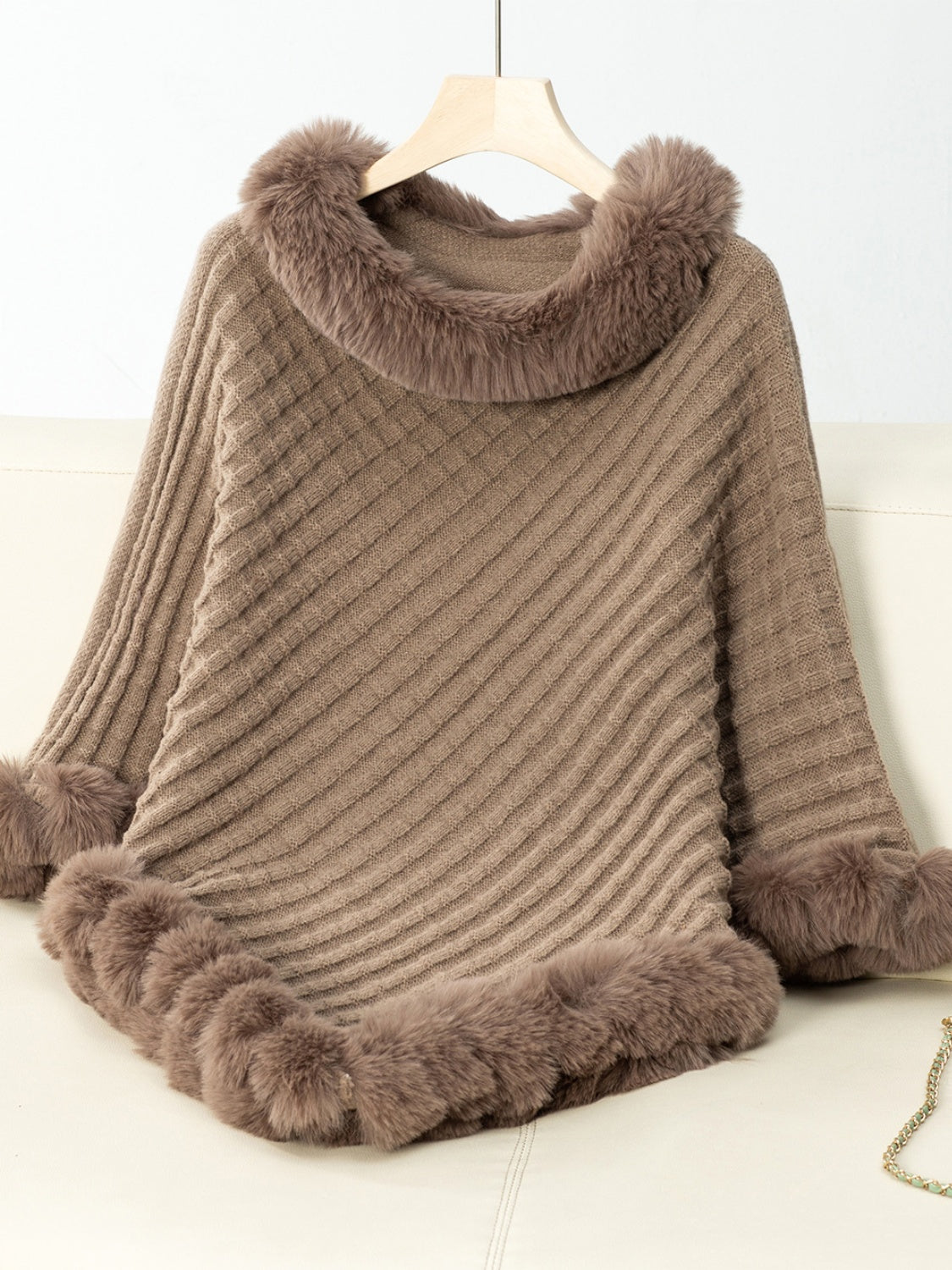 Fuzzy Trim Texture Three-Quarter Sleeve Poncho - Camel / One Size