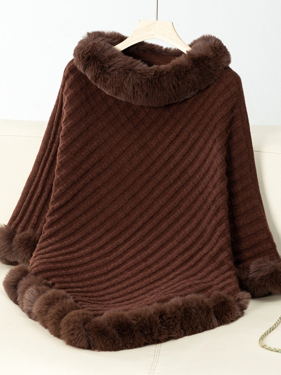 Fuzzy Trim Texture Three-Quarter Sleeve Poncho - Chocolate / One Size