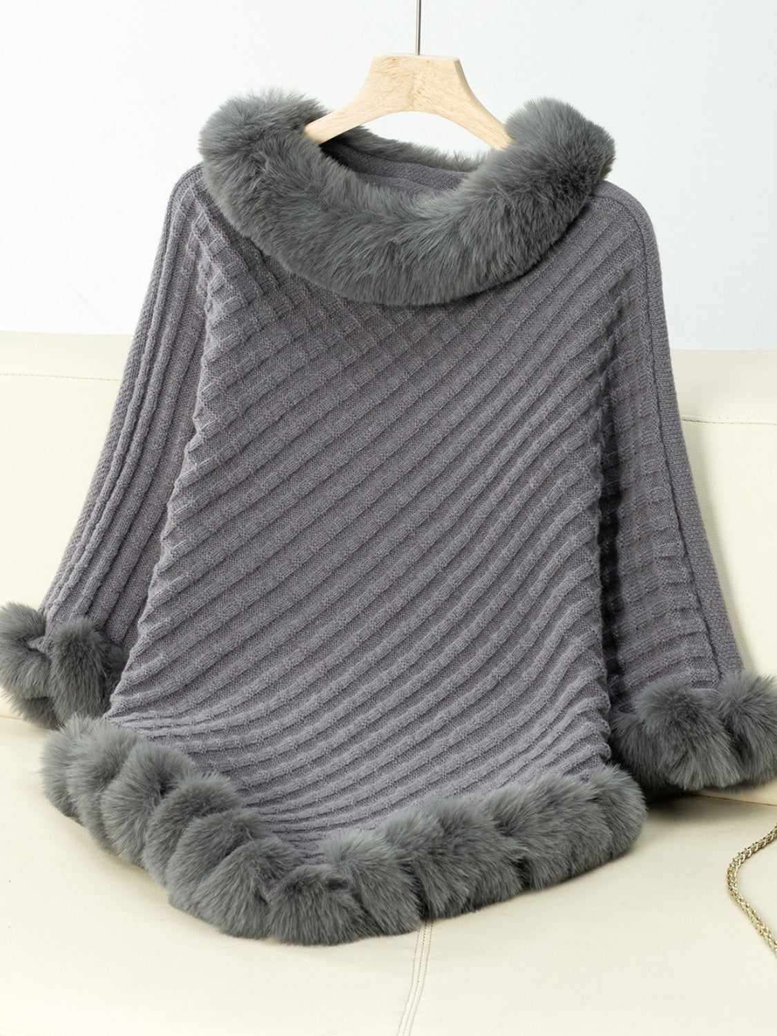 Fuzzy Trim Texture Three-Quarter Sleeve Poncho - Dark Gray / One Size
