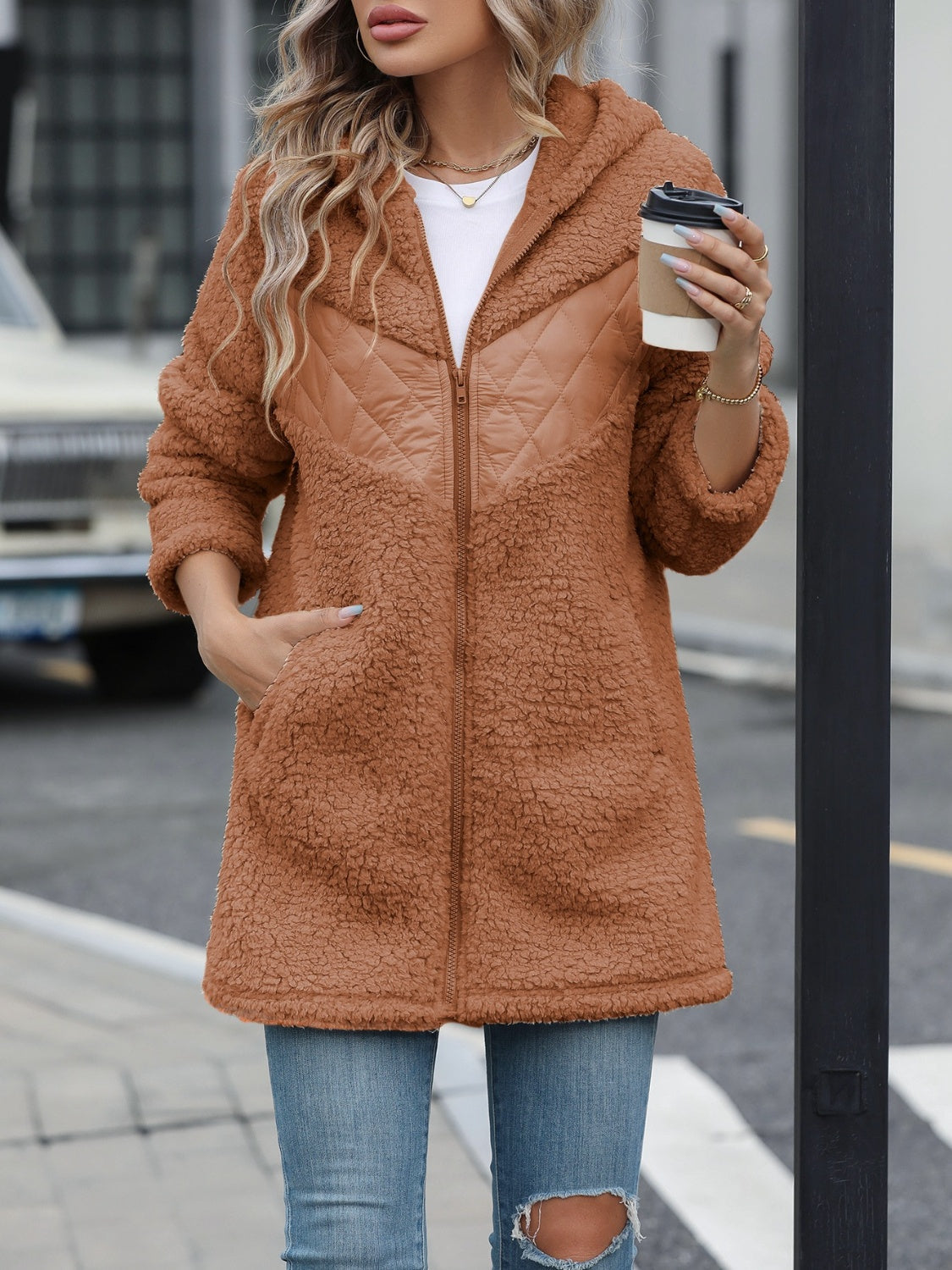 Fuzzy Zip Up Long Sleeve Hooded Jacket - Caramel / S