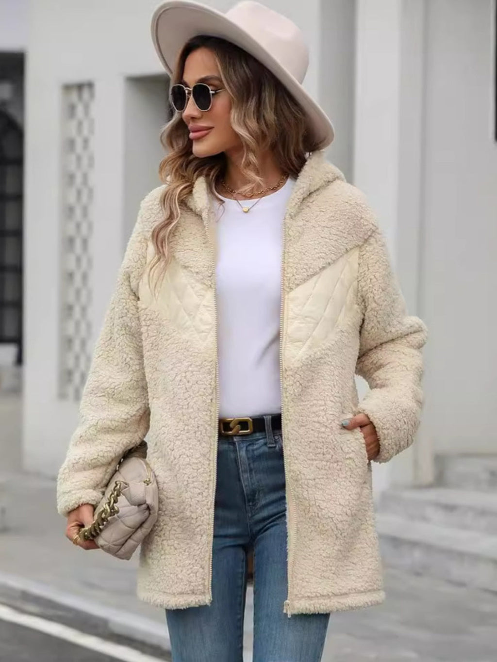 Fuzzy Zip Up Long Sleeve Hooded Jacket - Cream / S