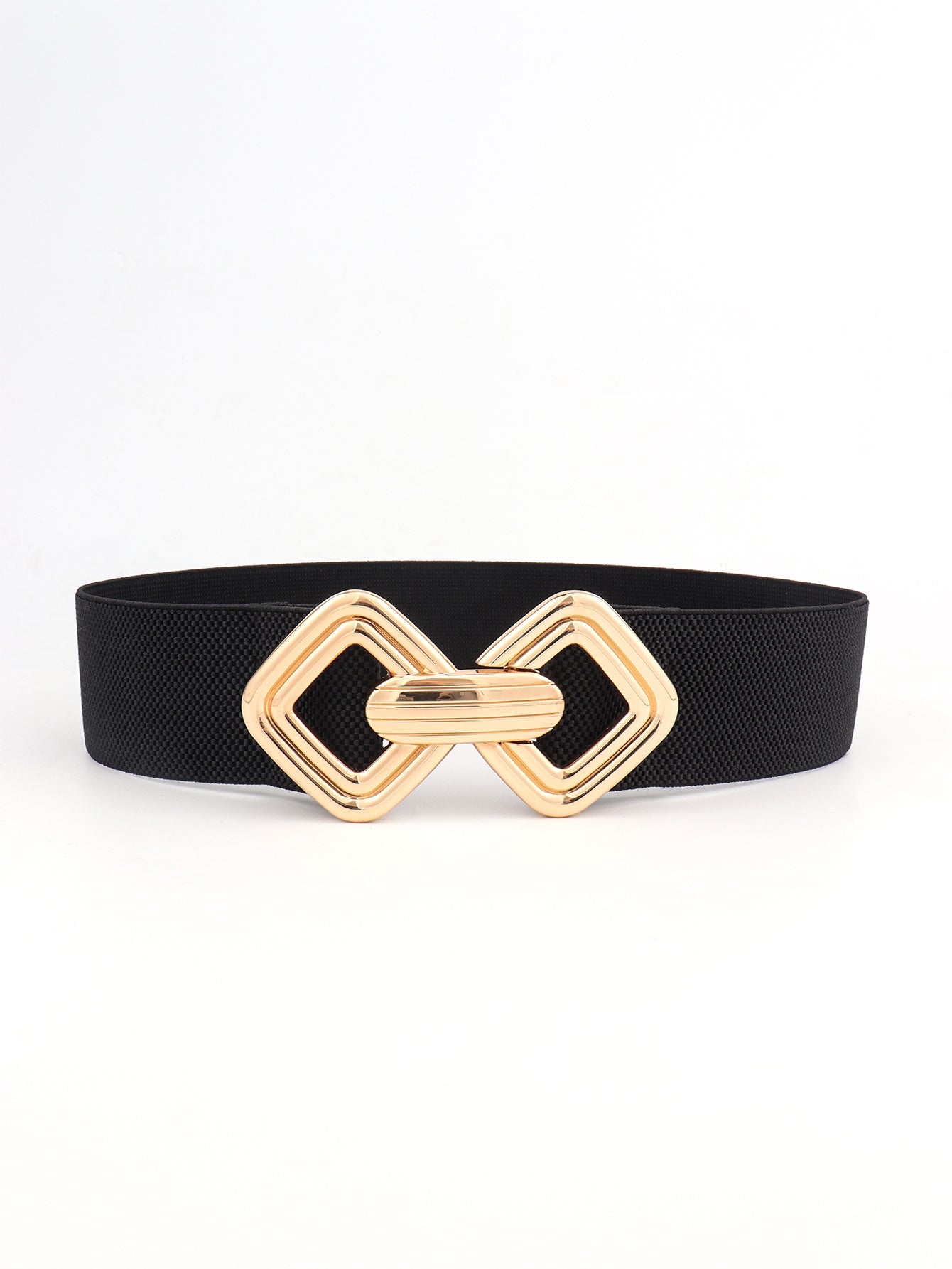 Geometric Buckle Elastic Wide Belt - Black / One Size