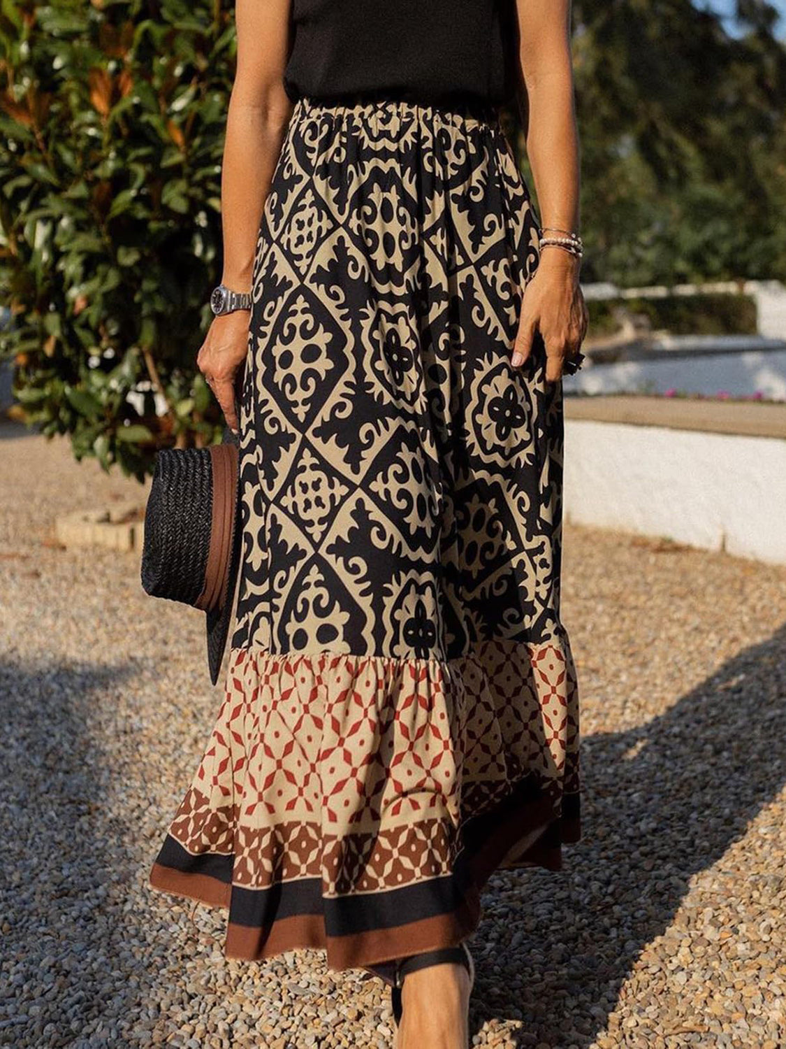 Geometric Elastic Waist Maxi Skirt - Black / S