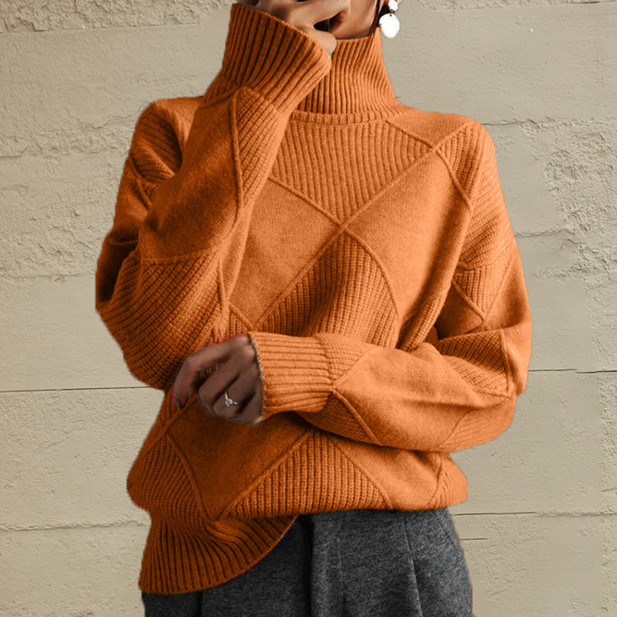 Geometric Turtleneck Long Sleeve Sweater - Caramel / S