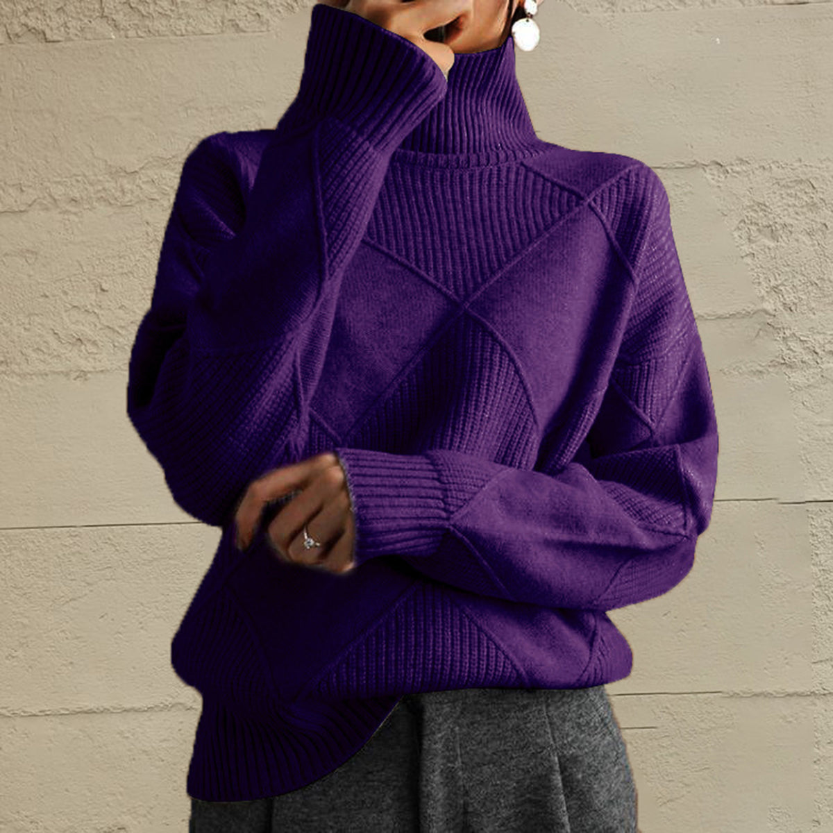 Geometric Turtleneck Long Sleeve Sweater - Deep Purple / S