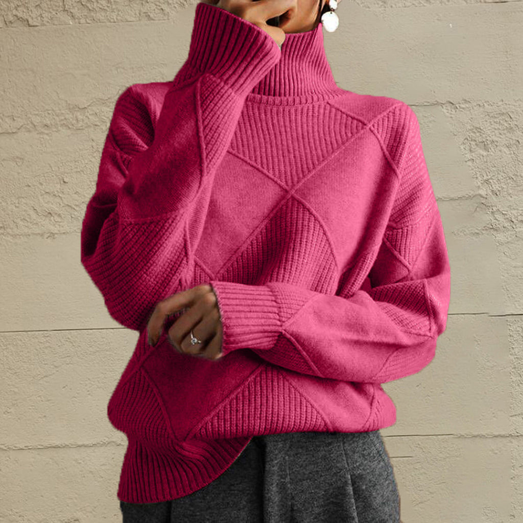 Geometric Turtleneck Long Sleeve Sweater - Hot Pink / S