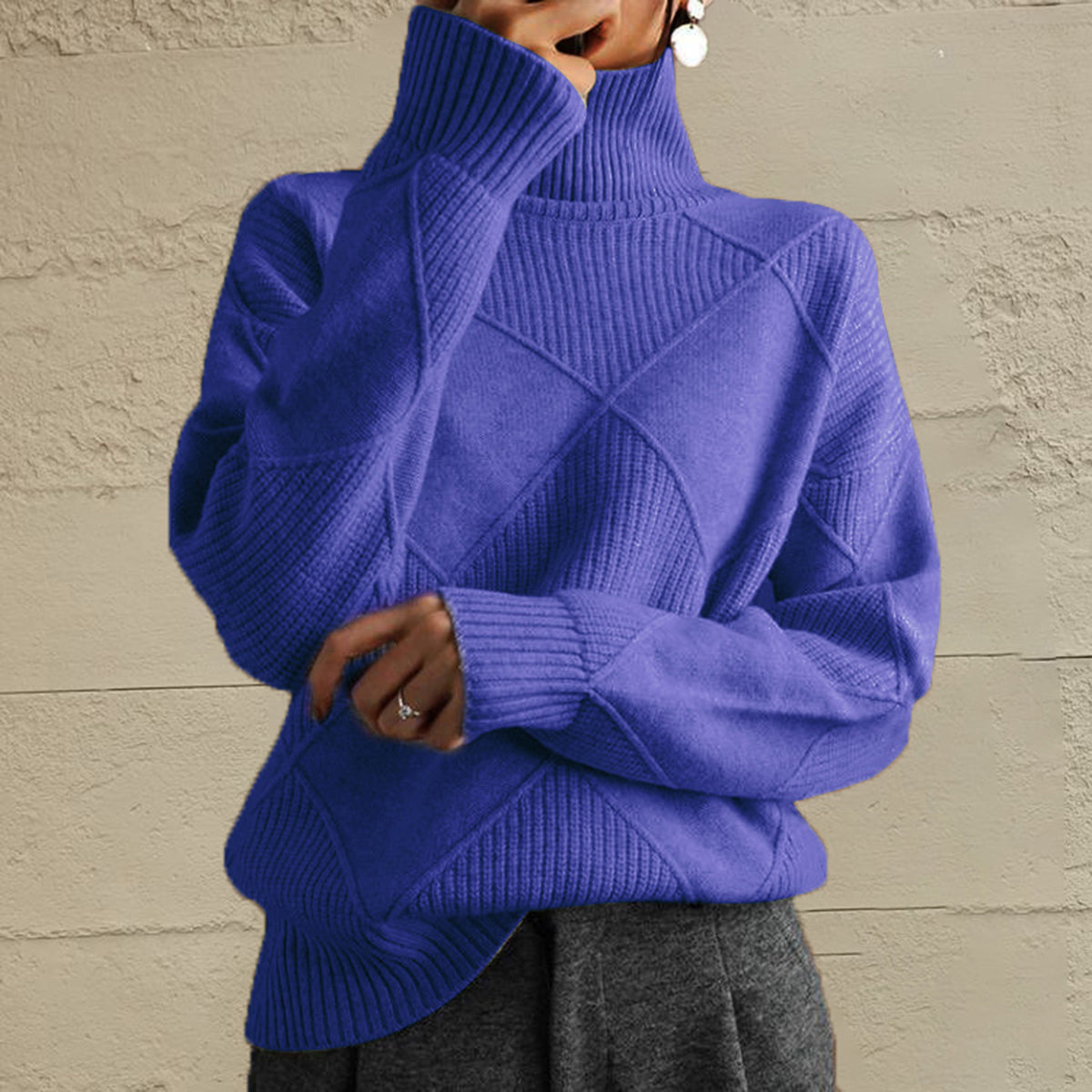 Geometric Turtleneck Long Sleeve Sweater - Indigo / S