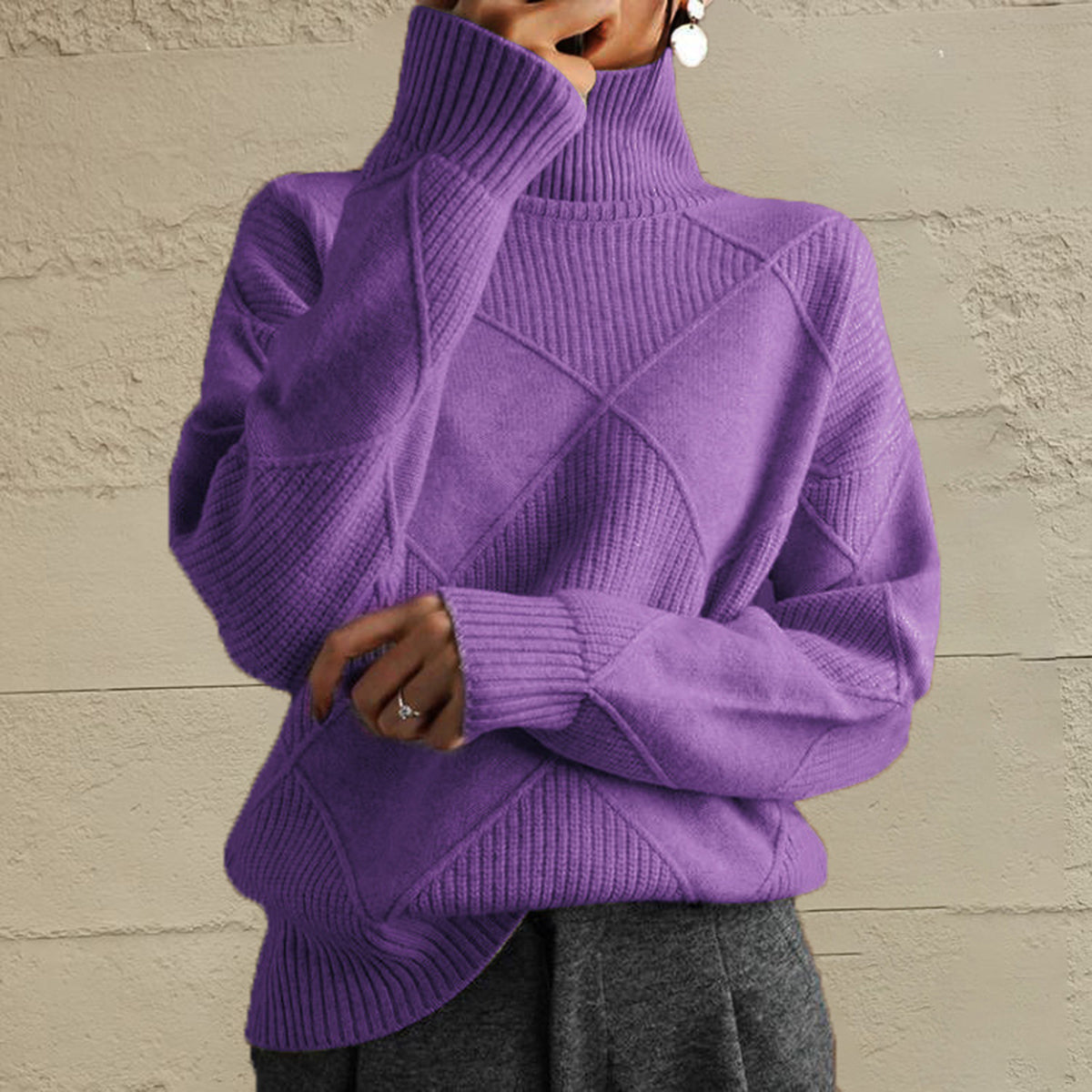 Geometric Turtleneck Long Sleeve Sweater - Mauve / S