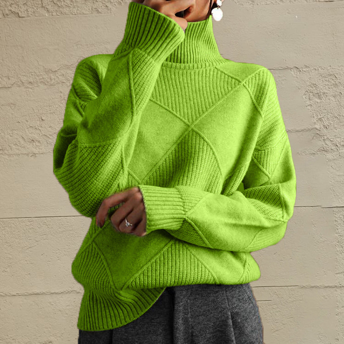 Geometric Turtleneck Long Sleeve Sweater - Yellow-Green / S
