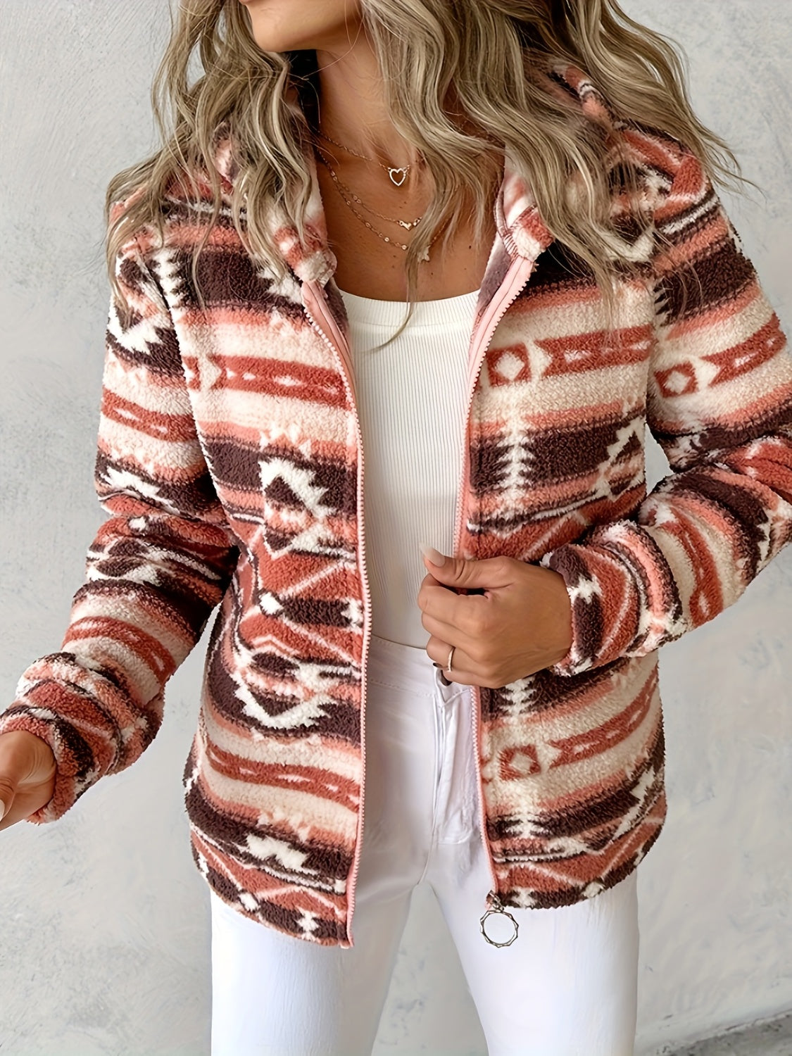 Geometric Zip Up Long Sleeve Hooded Jacket - Brown / S