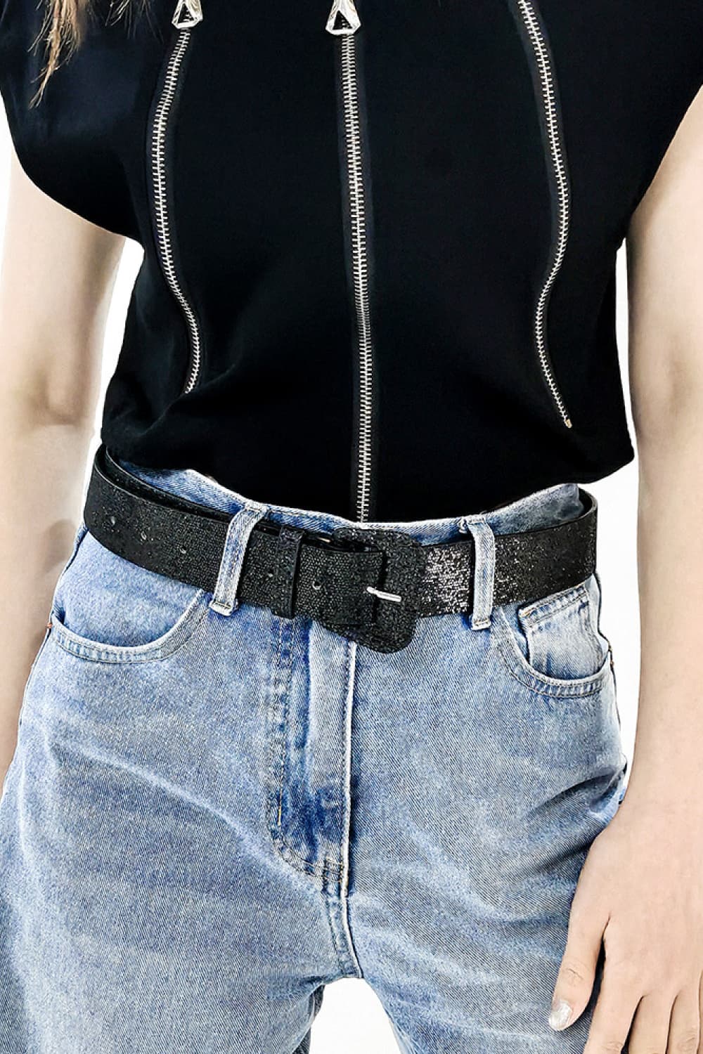Glitter PU Leather Belt - Black / One Size