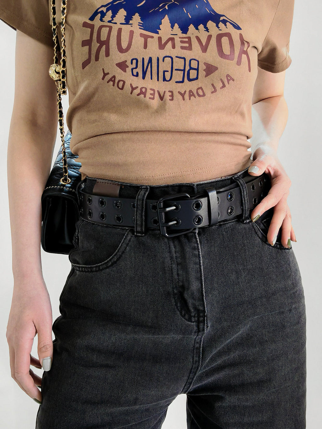 Grommet PU Leather Belt - Black / One Size