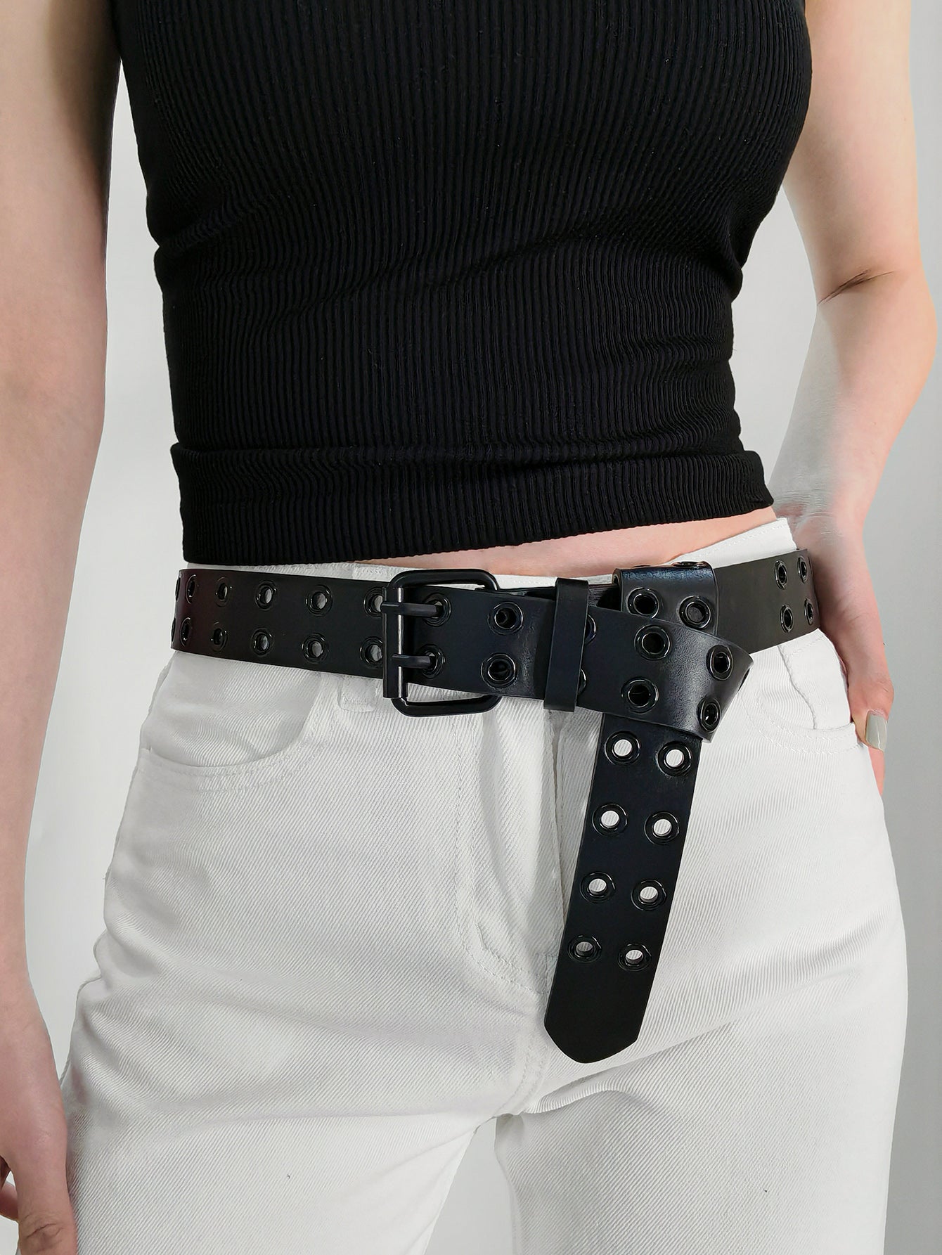 Grommet PU Leather Belt - Black / One Size