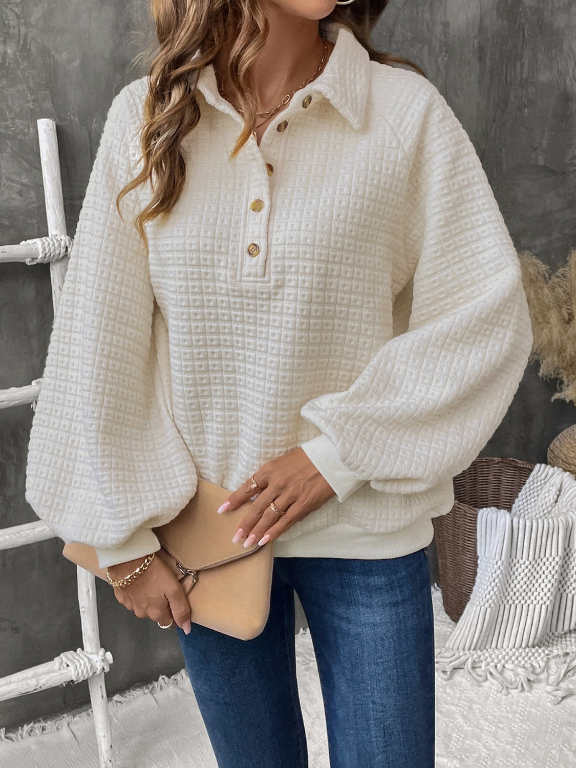 Half Button Long Sleeve Sweatshirt - Beige / S