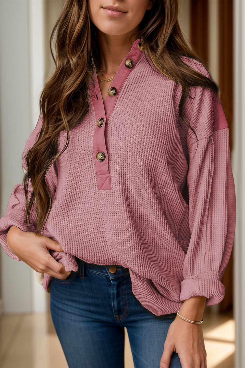 Half Button Long Sleeve Top - Dusty Pink / S