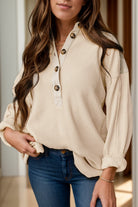 Half Button Long Sleeve Top - Tan / S