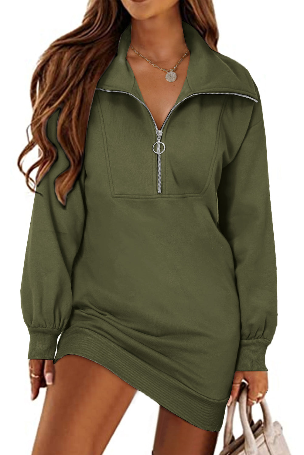 Half Zip Dropped Shoulder Mini Sweatshirt Dress - Army Green / S