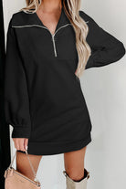 Half Zip Dropped Shoulder Mini Sweatshirt Dress - Black / S