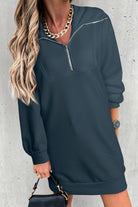 Half Zip Dropped Shoulder Mini Sweatshirt Dress - Deep Teal / S