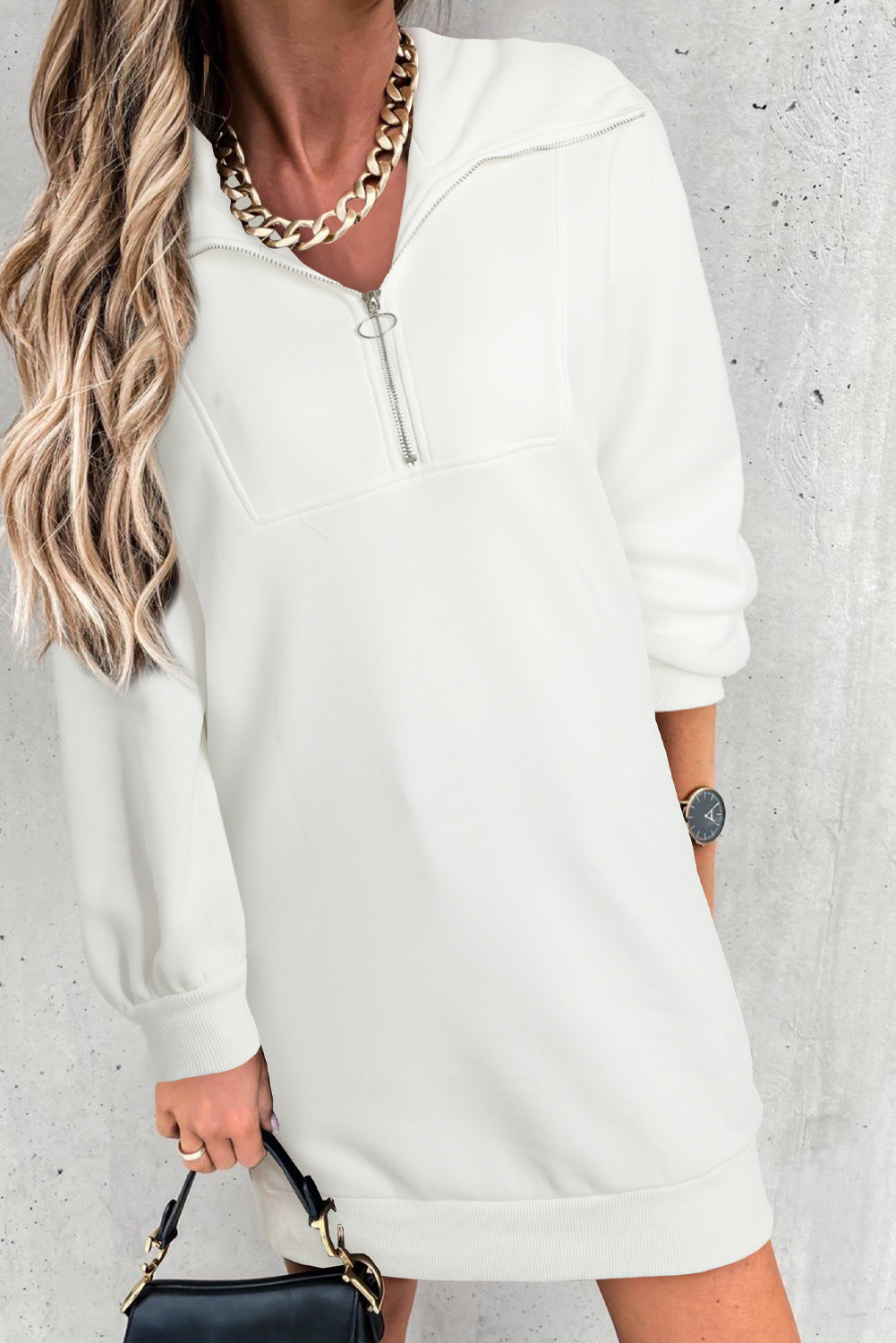 Half Zip Dropped Shoulder Mini Sweatshirt Dress - White / S