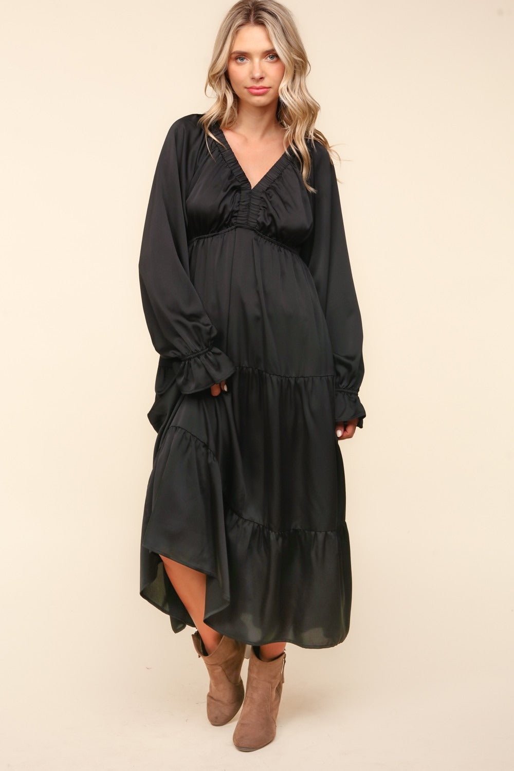 Haptics Flounce Sleeve Tiered Midi Dress with Pockets - Black / S