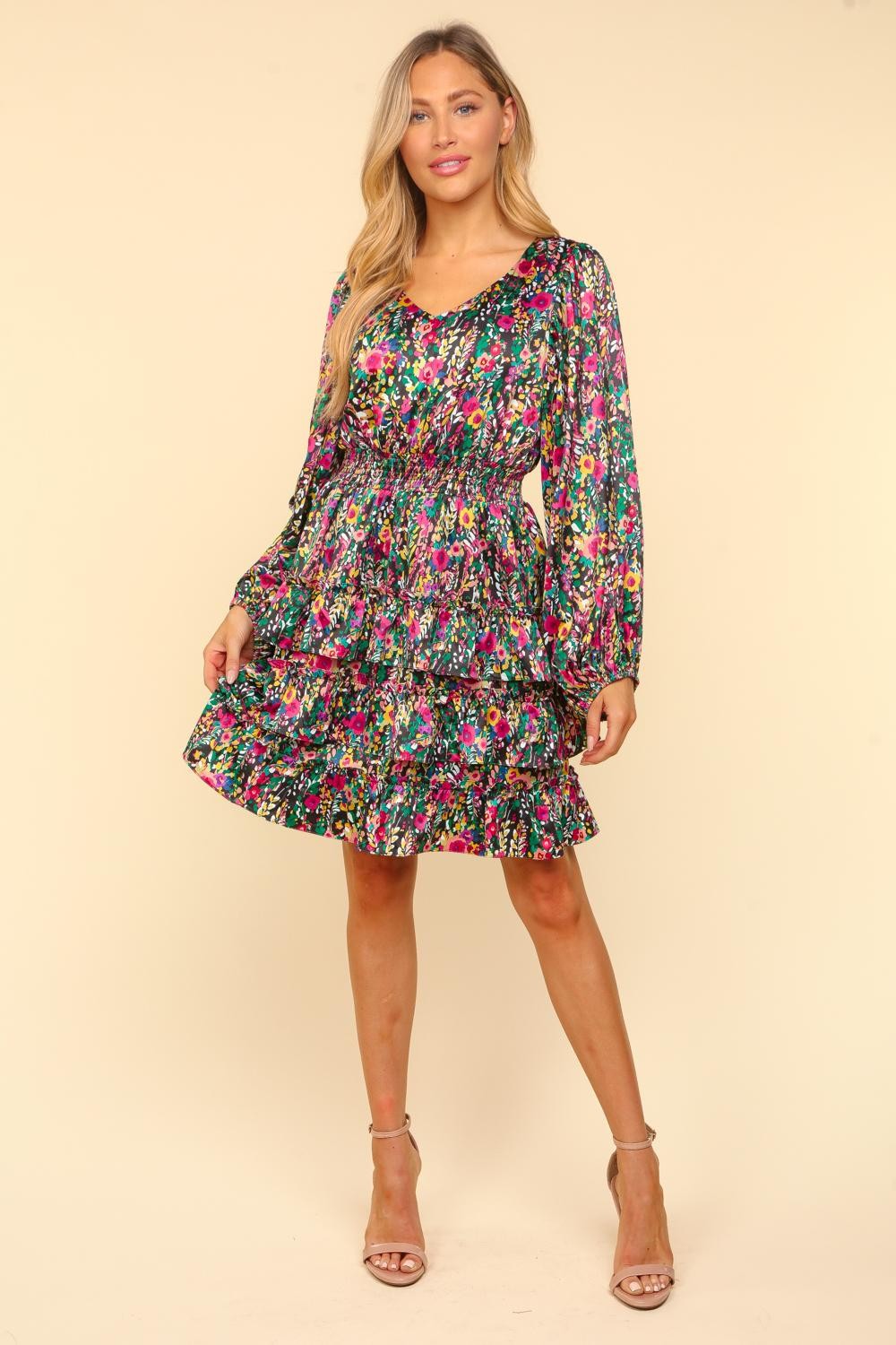Haptics V-Neck Satin Floral Layered Dress - Multi / S