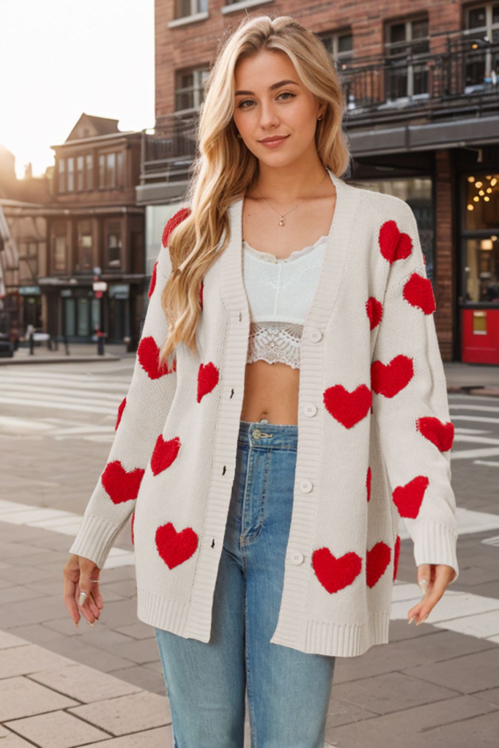 Heart Button Down Long Sleeve Cardigan - Beige / S