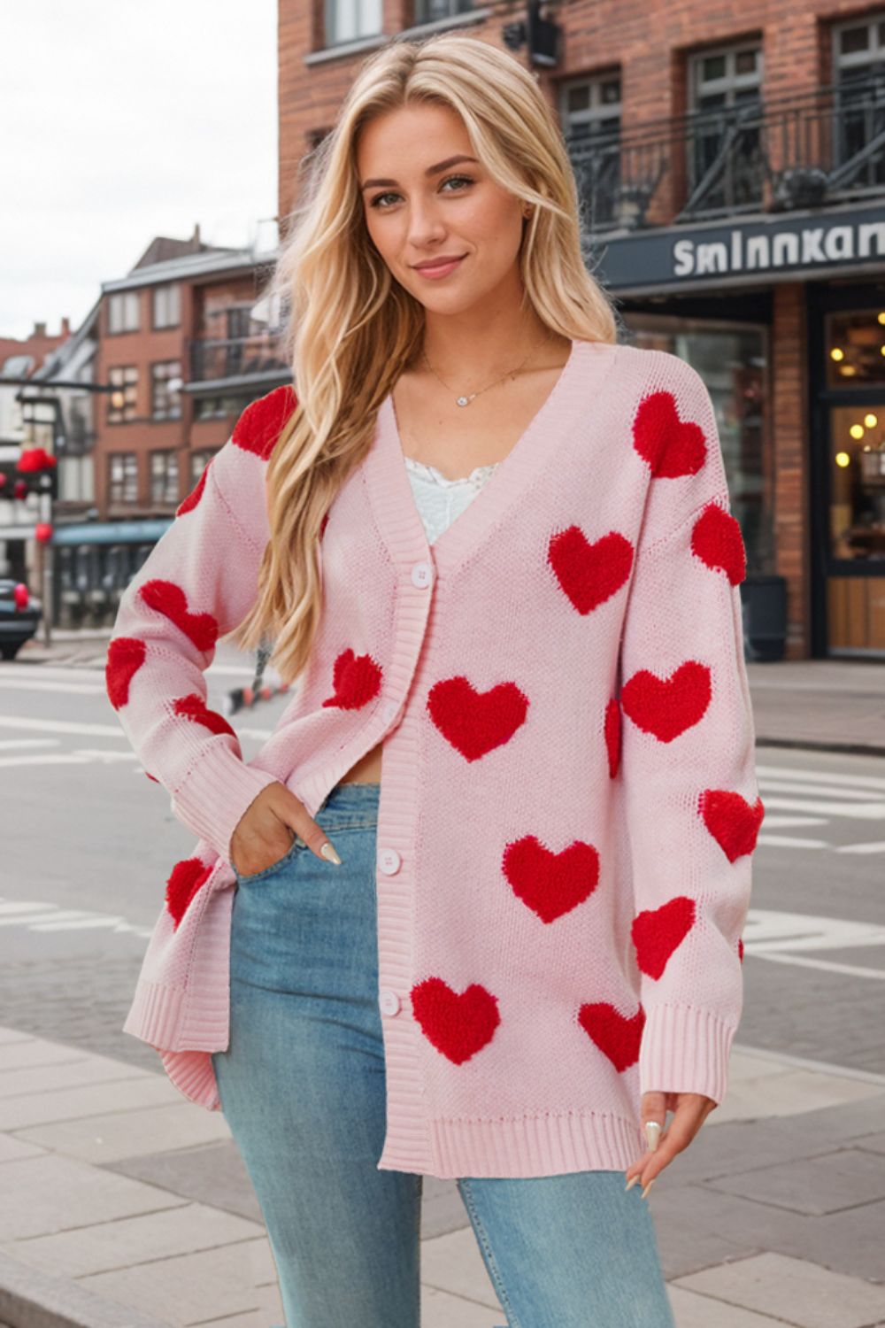 Heart Button Down Long Sleeve Cardigan - Pink / S