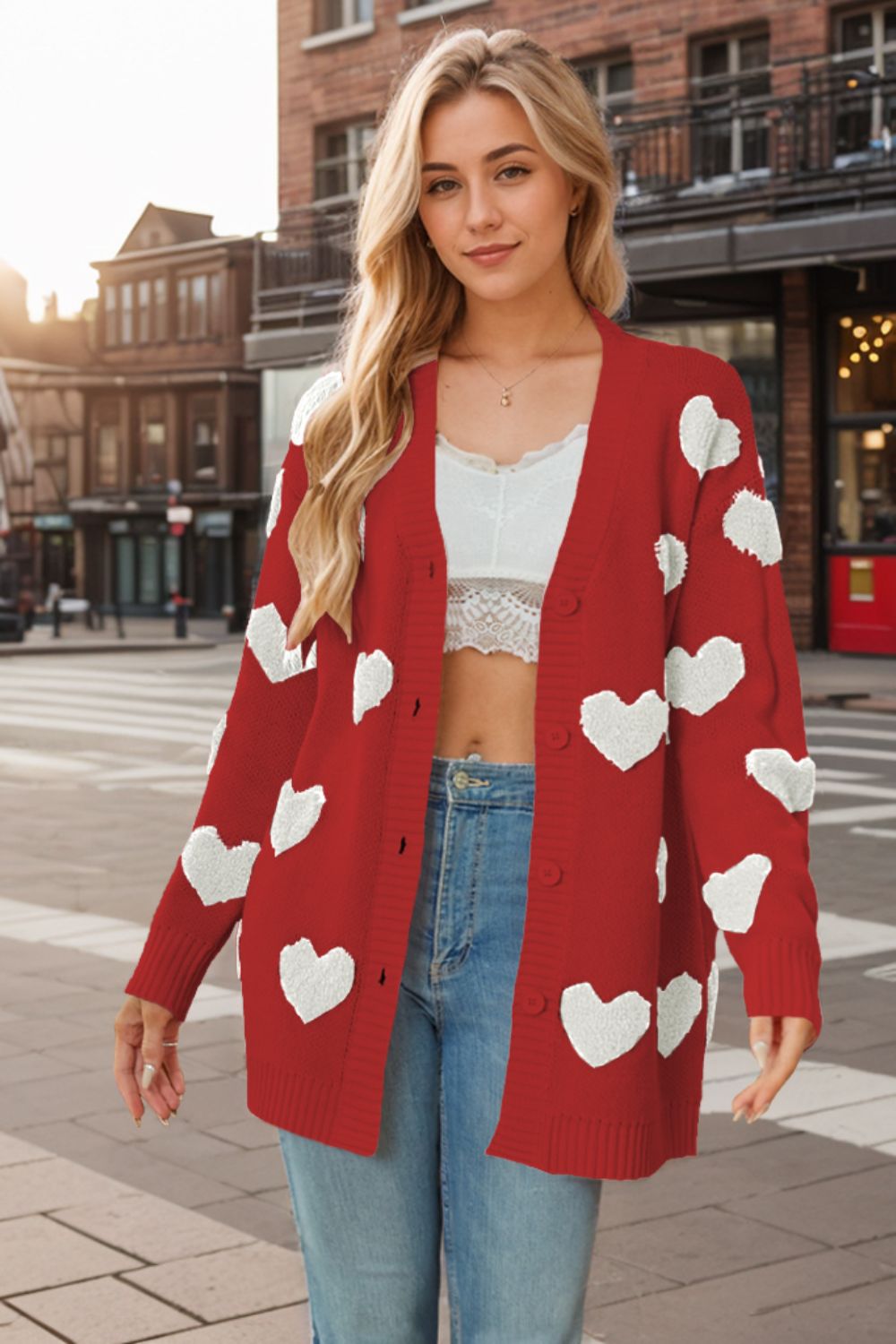 Heart Button Down Long Sleeve Cardigan - Scarlet / S