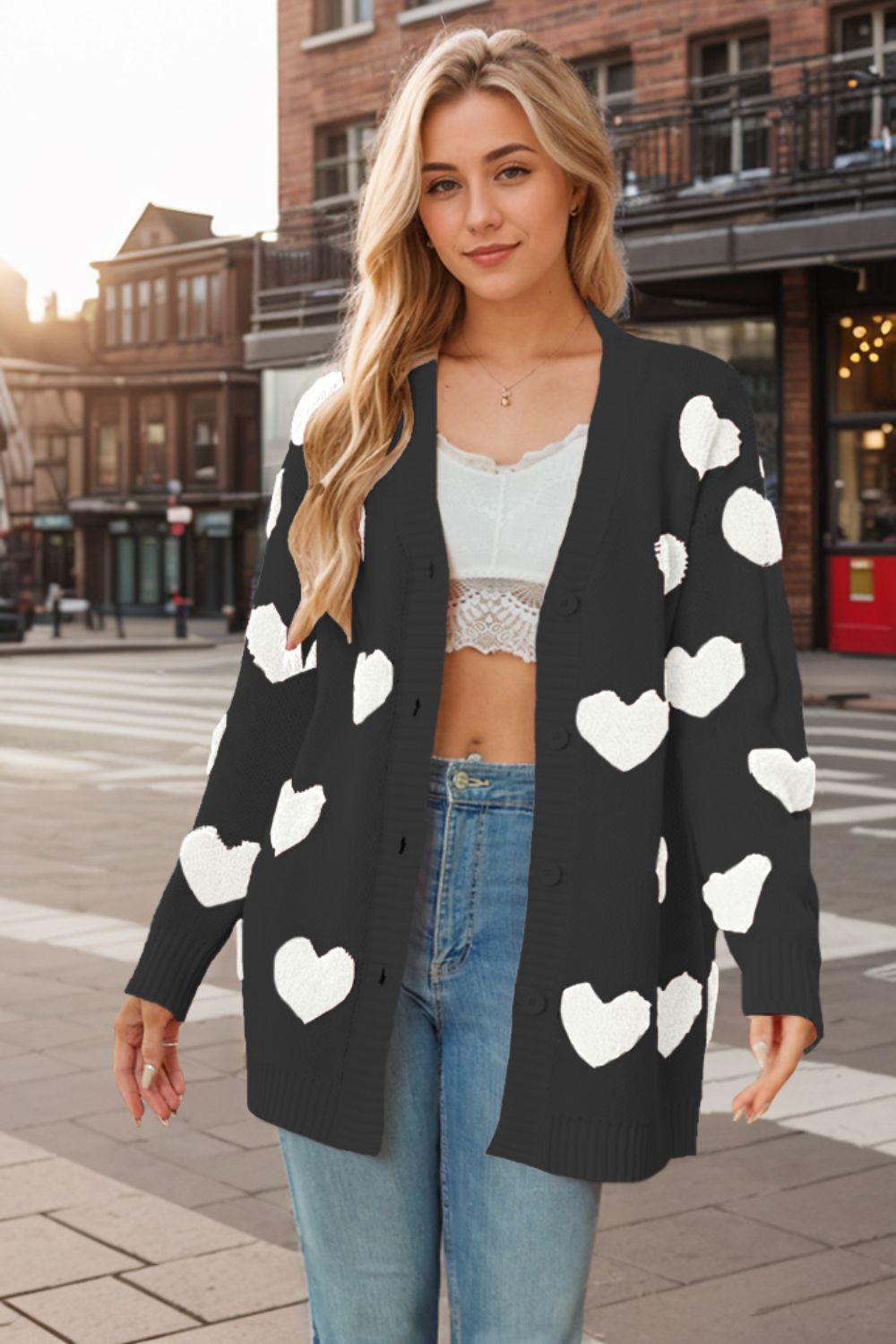 Heart Button Down Long Sleeve Cardigan - White / S