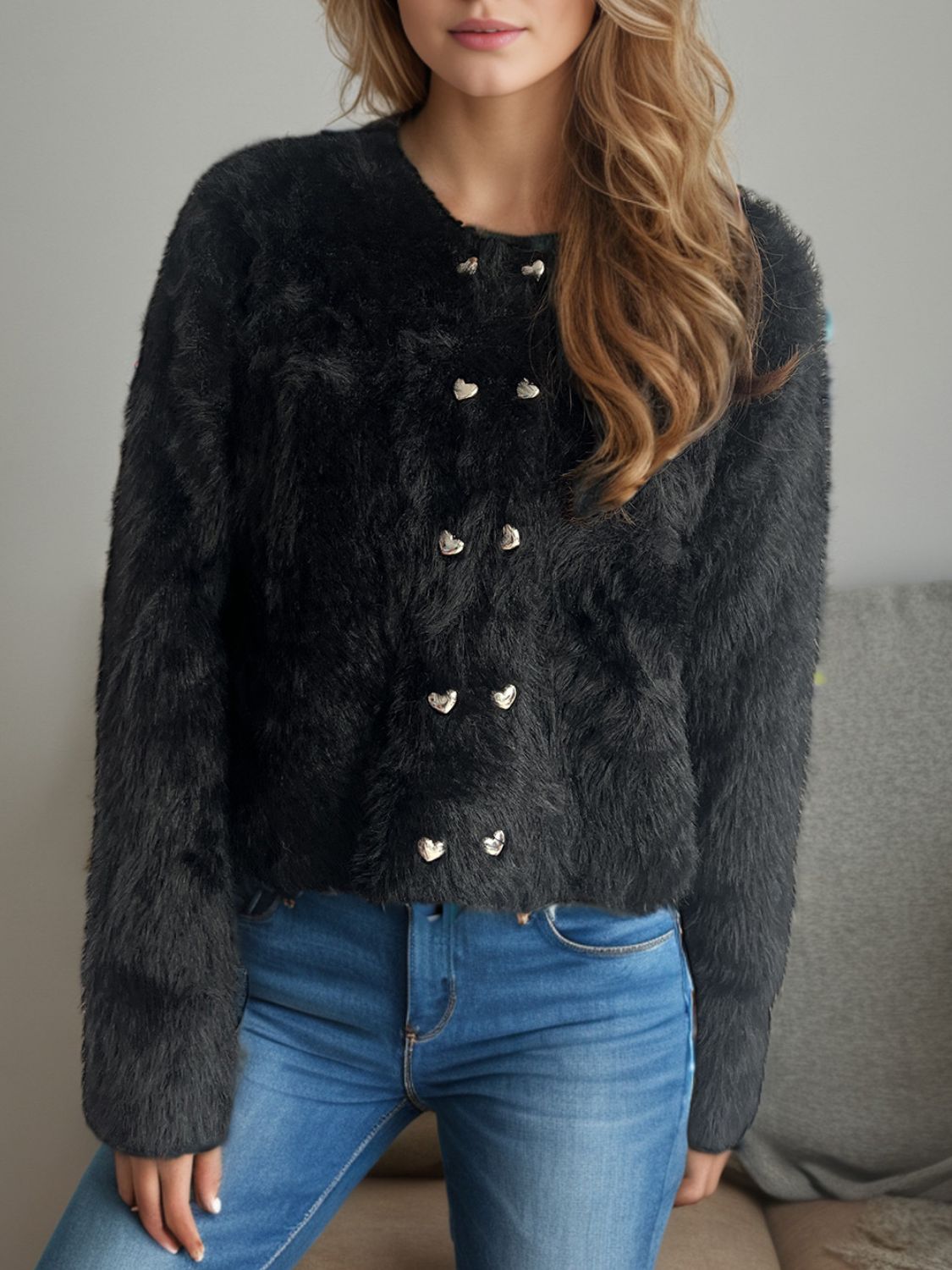 Heart Button Round Neck Cardigan - Black / One Size