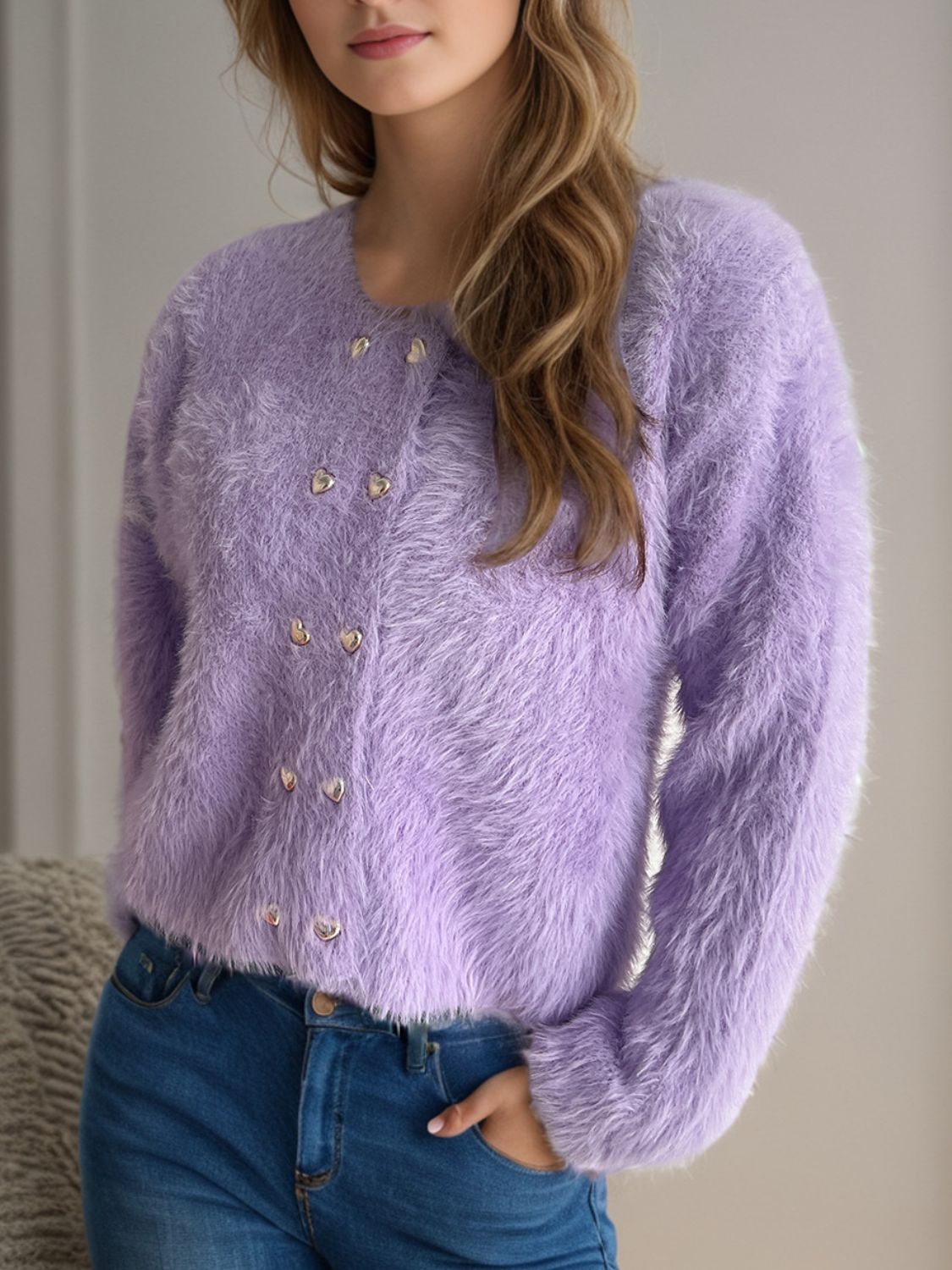 Heart Button Round Neck Cardigan - Lavender / One Size