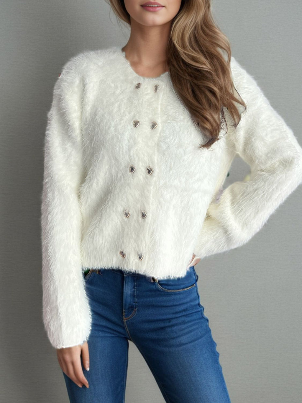 Heart Button Round Neck Cardigan - White / One Size