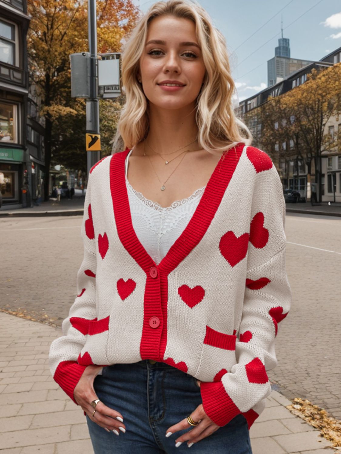 Heart Button Up Dropped Shoulder Long Sleeve Cardigan - Beige / S