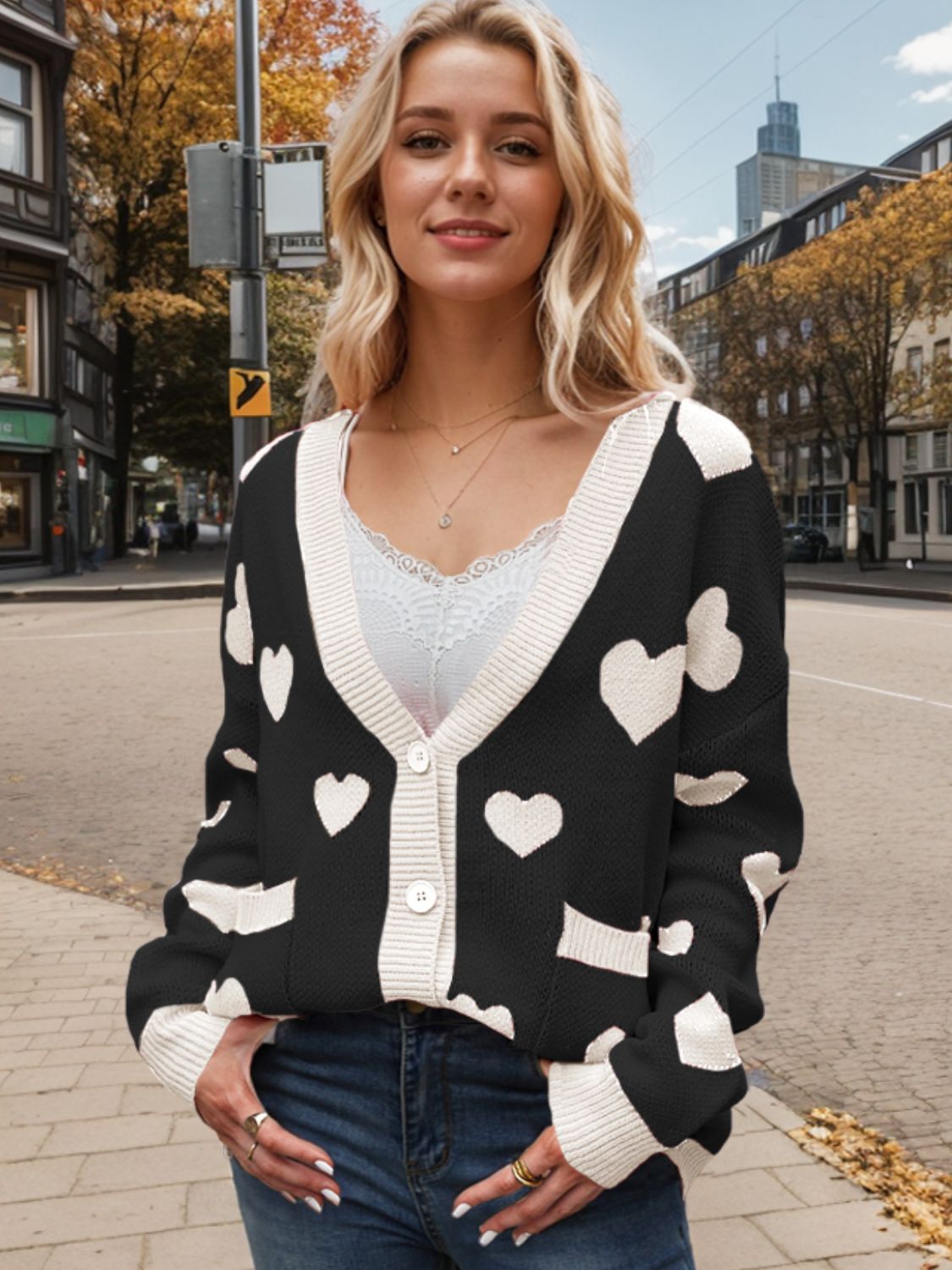 Heart Button Up Dropped Shoulder Long Sleeve Cardigan - Black / S