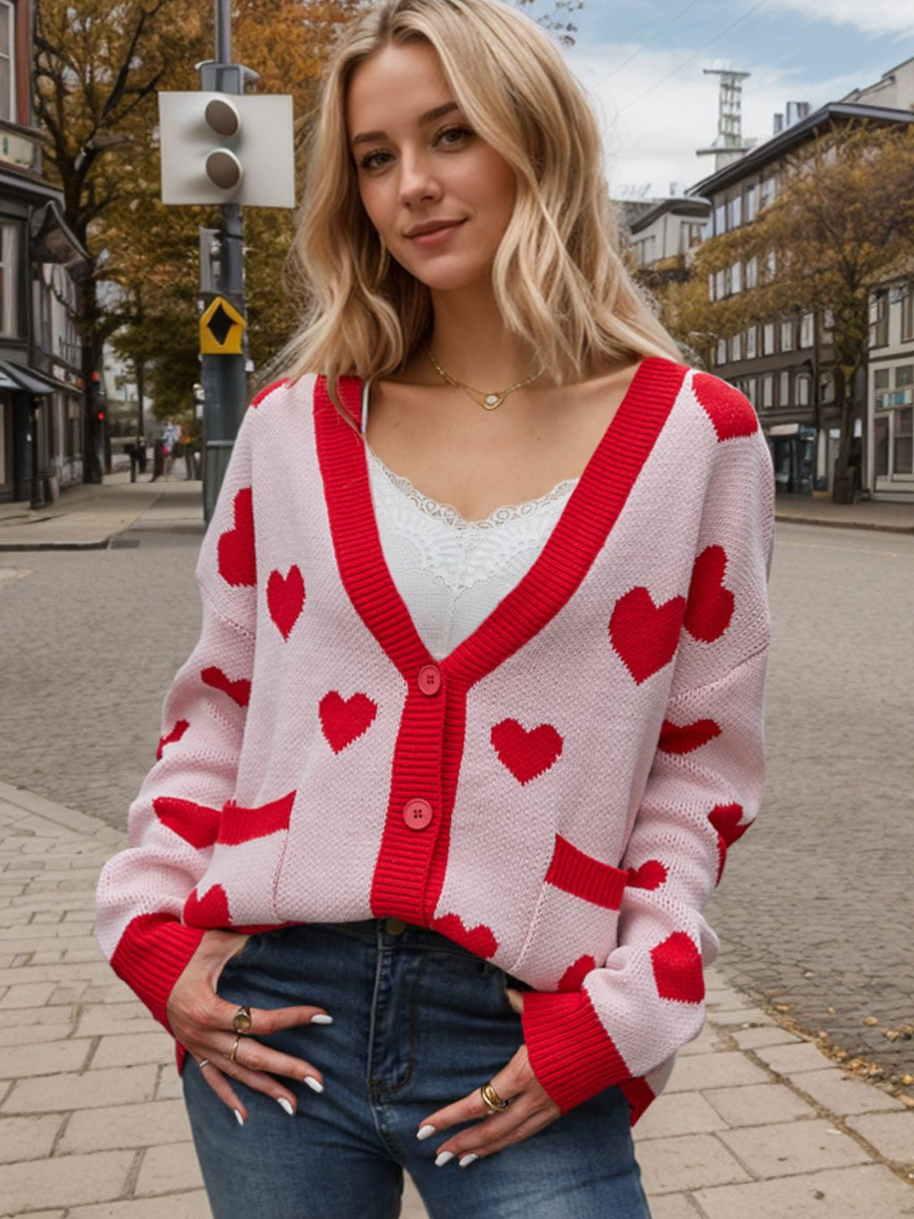 Heart Button Up Dropped Shoulder Long Sleeve Cardigan - Blush Pink / S
