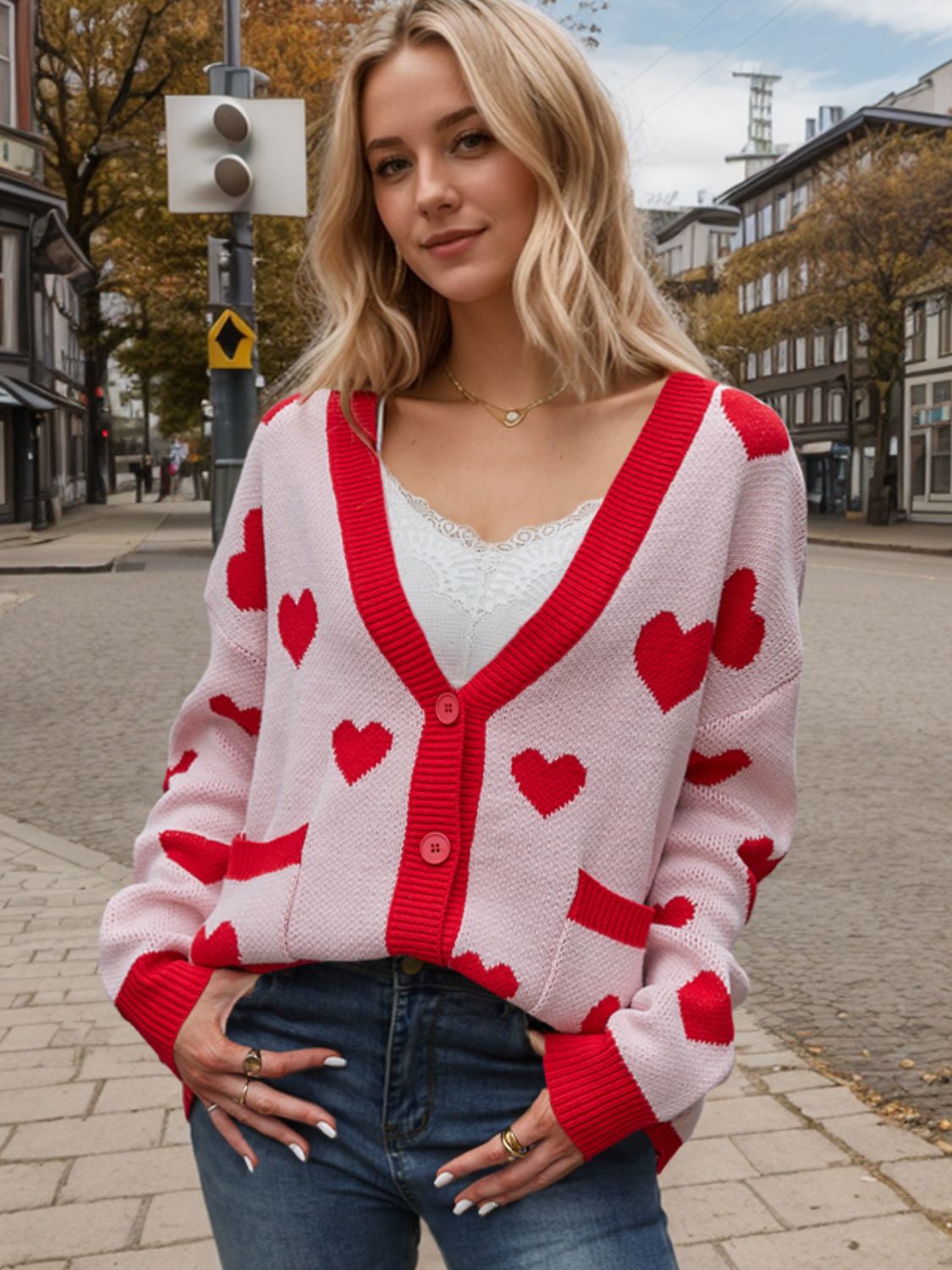 Heart Button Up Dropped Shoulder Long Sleeve Cardigan - Blush Pink / S