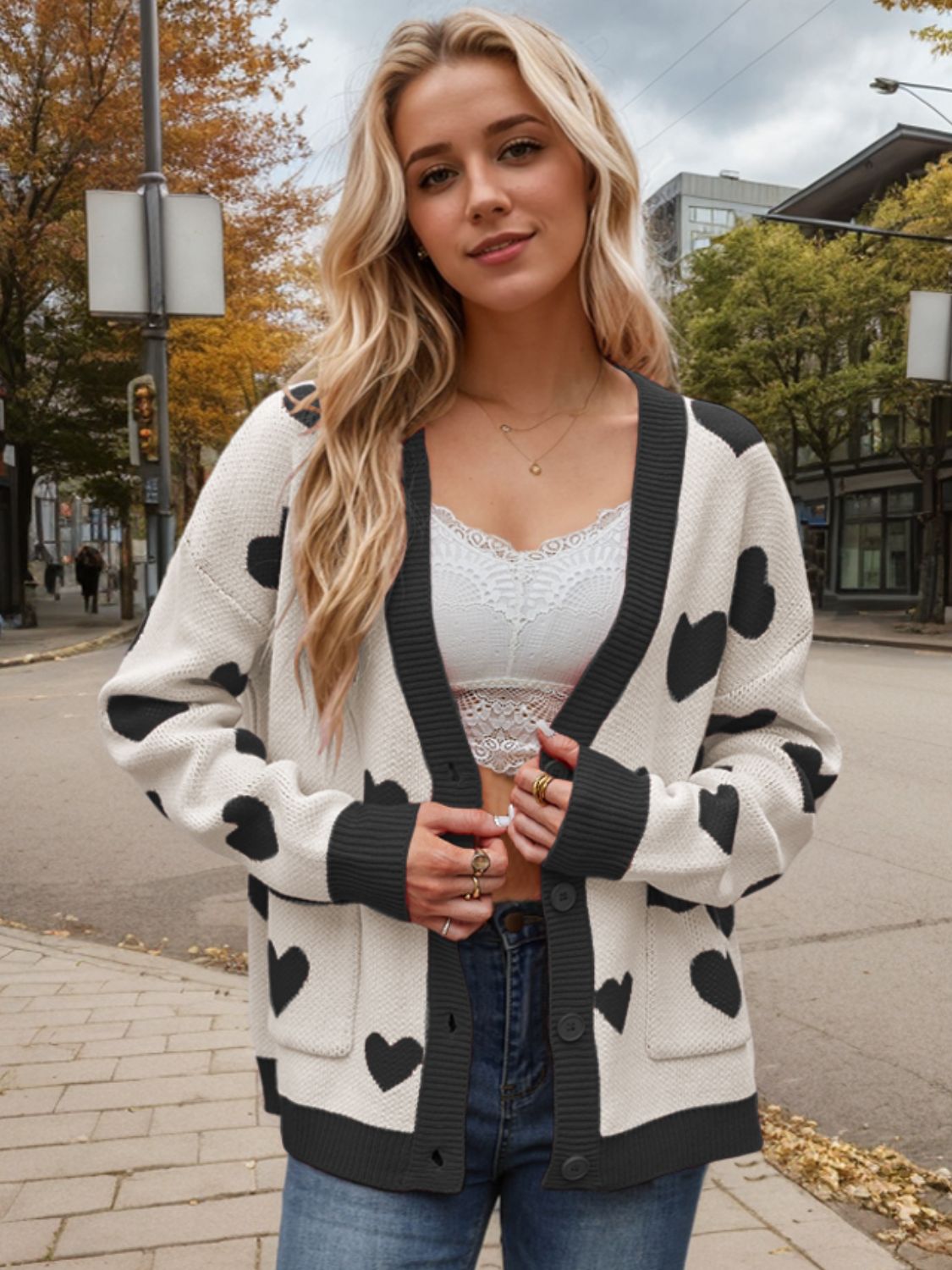 Heart Button Up Dropped Shoulder Long Sleeve Cardigan - Cream / S