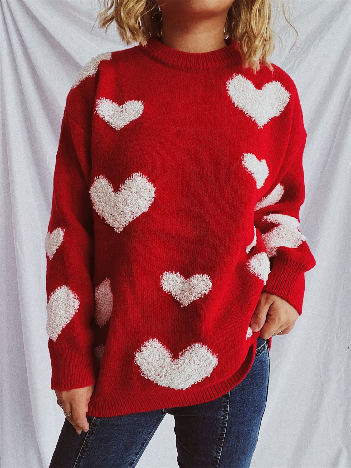 Heart Round Neck Dropped Shoulder Sweater - Deep Red / One Size