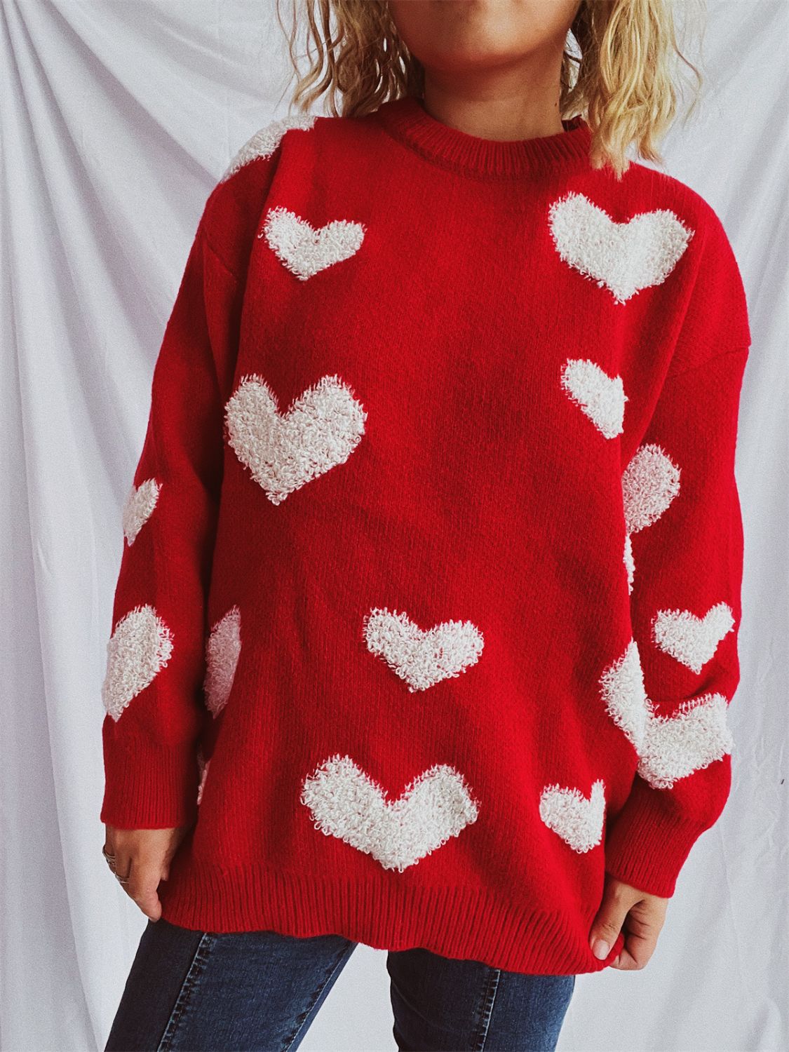 Heart Round Neck Dropped Shoulder Sweater - Deep Red / One Size
