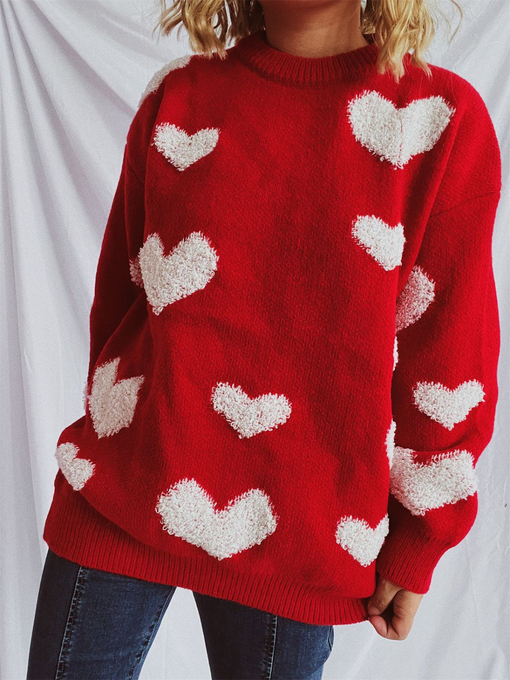 Heart Round Neck Dropped Shoulder Sweater - Deep Red / One Size