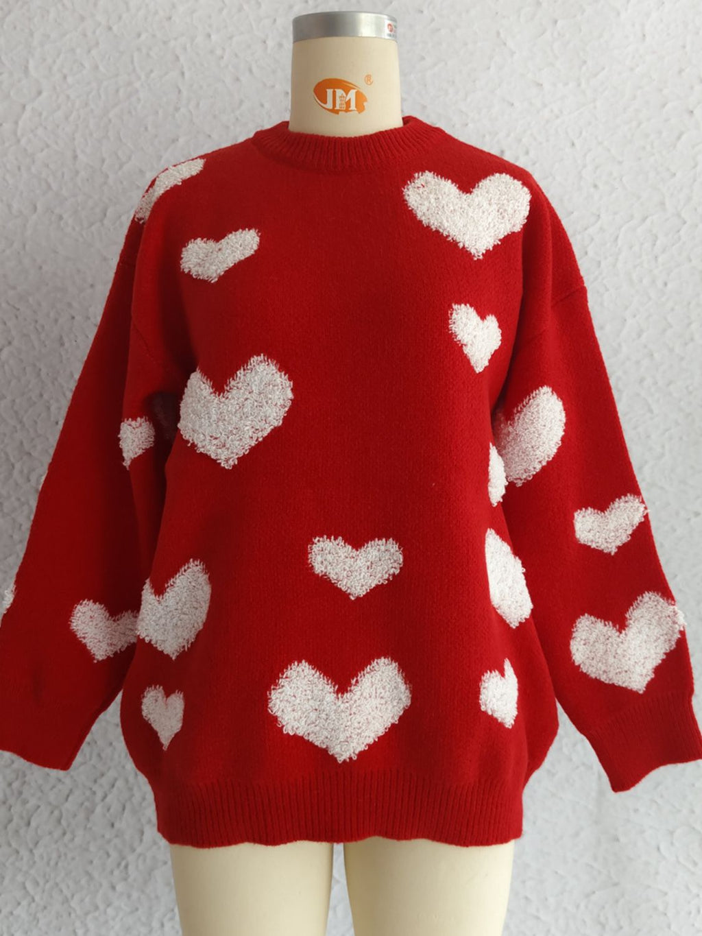 Heart Round Neck Dropped Shoulder Sweater - Deep Red / One Size