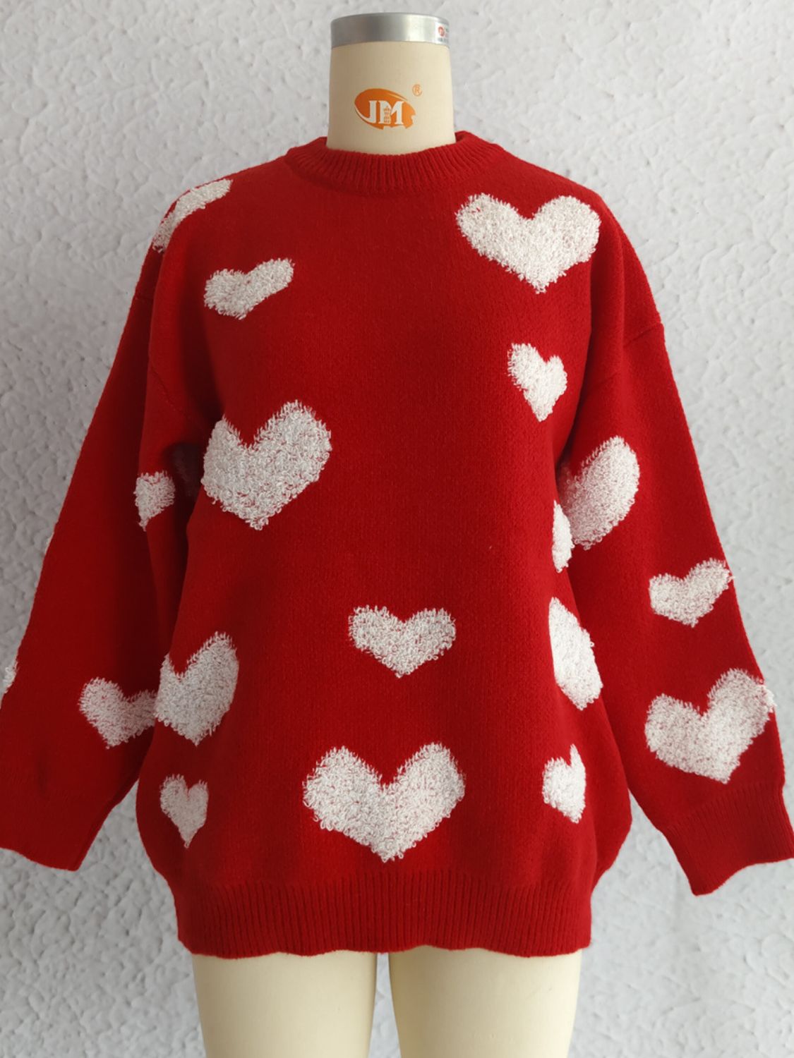 Heart Round Neck Dropped Shoulder Sweater - Deep Red / One Size