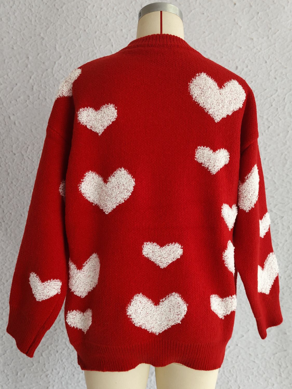 Heart Round Neck Dropped Shoulder Sweater - Deep Red / One Size